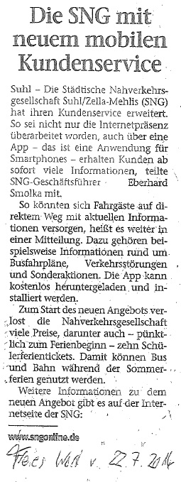 20140722 Presse SNG Freies Wort 20140722 Presse SNG Freies Wort