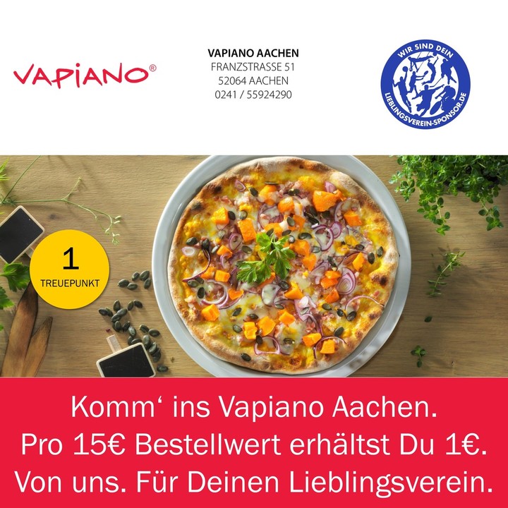 Komm‘ ins Vapiano Aachen. Pro 15€ Bestellwert erhältst Du 1€.