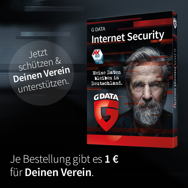 SICHERHEIT FÜR DICH. 1€ FÜR DEINEN VEREIN. PRO BESTELLUNG BEI G DATA